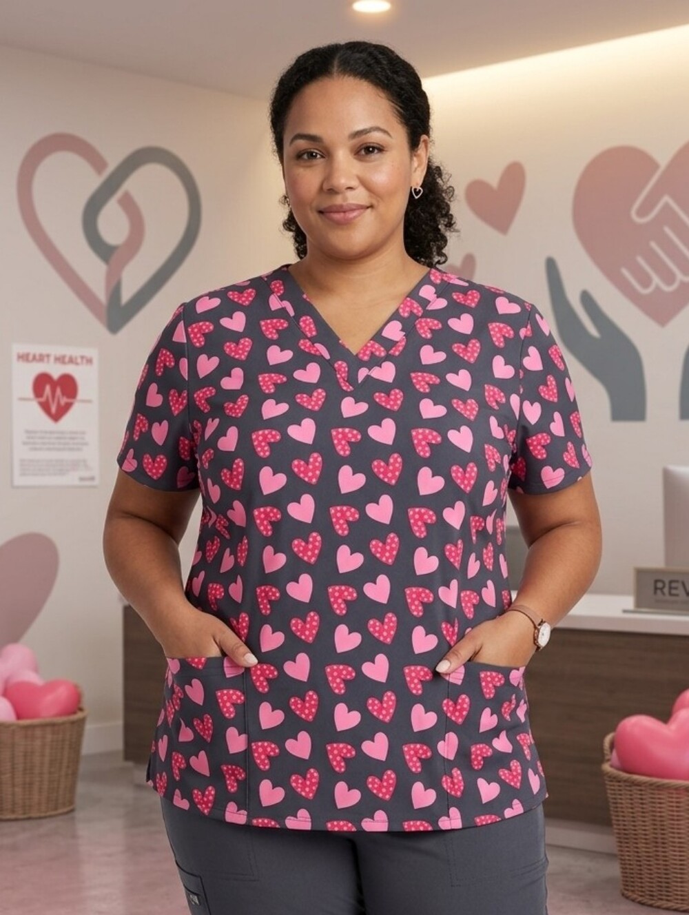 Women's Charcoal Gray Scrub Top with Pink Heart Print Revel